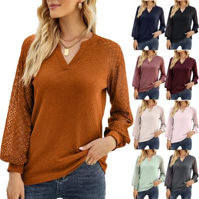 China Anti-Wrinkle Fashion Women's Shirts Lace Long Sleeve Blouses Mesh Stitching Casual Sexy V-Neck Tops for sale