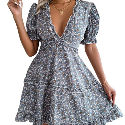 China Summer Breathable Short Ladies Casual Dresses Women Floral Print Sleeves V-Neck Short Dress for sale