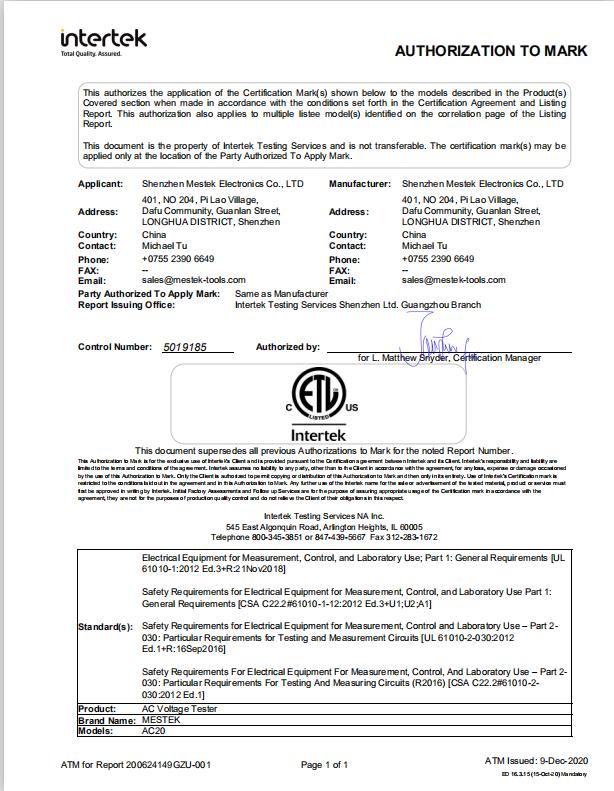 ETL - Shenzhen Mestek Electronics Co., Ltd.