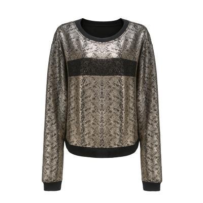 China Anti-pilling Ladies Gold Printing Long Sleeve Pullover Ladies Tops With Neck, Cuff, Edge Rib for sale