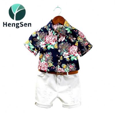 China Polyester/Cotton 2021 Wholesale Summer Fashion Sleeve Boy Clothing Set Bowtie Shirt +Shorts Boy Short Suit Floral Sportswear 2Pcs for sale