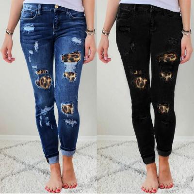 China Breathable Women Skinny Fit Ripped Jeans Stretch Slim Hip Fashion Pants With Leopard Clothing Jeans for sale