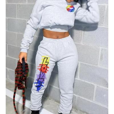 China OEM Service Breathable Wear Custom Made Casual Hooded Print Gray Two Piece Pants Set 2 Piece Jogger Collar Set For Women for sale