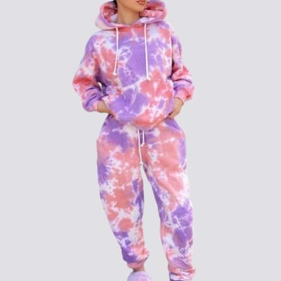 China OEM Service Manufacturer Service Custom Hooded Collar Sweater Tie Dye Pink Two Piece Pants Set 2 Pieces Set For Women for sale