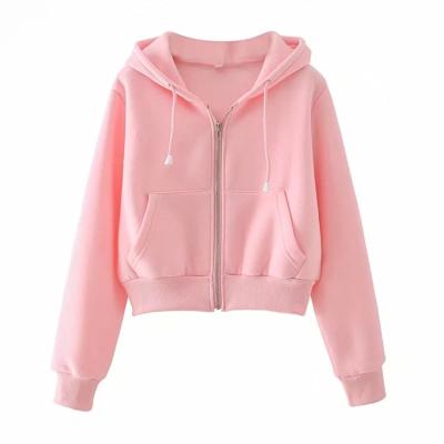 China Custom Women's Plain Drawstring Sweater Cardigan Loose Cropped Full Zip OEM Anti-pilling Solid Color Zipper Hoodies for sale