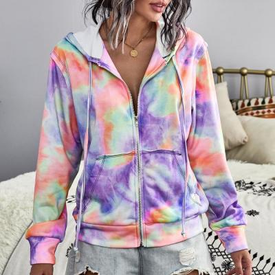 China Anti-wrinkle women clothes multicolor hoodie manufacturer custom tie dye pocket zip tie dye hoodies for women for sale