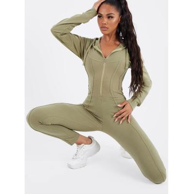 China Retail Eco Friendly Custom Made Khaki Long Sleeve Corset Manufacturers Anti-Wrinkle Apparel Hooded One Piece Jumpsuit For Women for sale