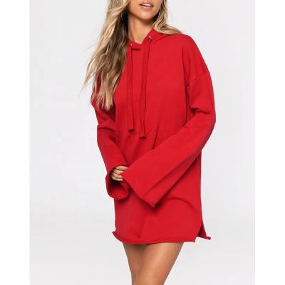 China OEM Service Anti-pilling Women's Clothing Custom Rocket Sleeve Rolled Edge Slit Plain Drawstring Dress Oversized Loose Hoodie in Red for sale