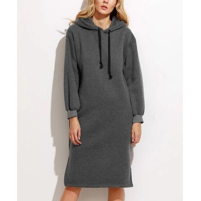 China Custom Print Anti-wrinkle Dark Gray Hooded Slit Side Drawstring Sweatshirt Dress Hoodie Dress Women Clothing for sale