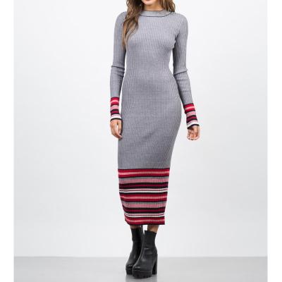 China Anti-Static Long Sleeve Round Neck Ribbed Stripped Edge Multi Knit Maxi Dress Women Knitted Sweater Custom Dress for sale