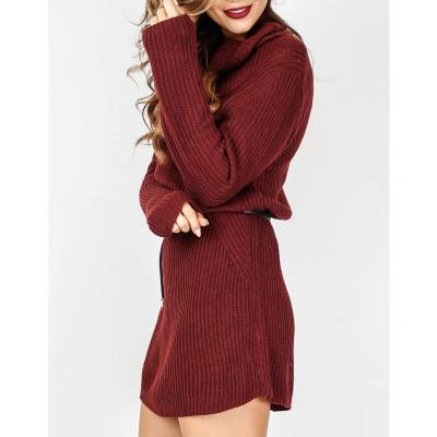 China Turtle Neck Anti-Static Burgundy Women's Chunky Knit Dress Custom Knitted Sweater Dress For Women for sale