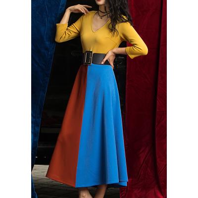 China Breathable One Color Patchwork Contrast Patchwork Women Long Sleeve V-Neck Maxi Dress Long Summer Maxi Dress for sale