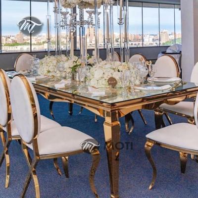 China Contemporary Unique Designs Party Furniture Tempered Glass Top Gold Stainless Steel Rectangular Wedding Table Sets for sale