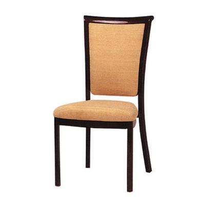 China Dining Chair Modern Beige Fabric Brown Aluminum Tubular Imitated Wood Stacking Dining Upholstered Chair With Soft Cushion for sale