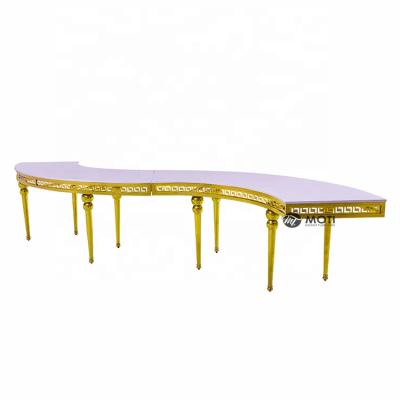 China Banquet Furniture Modern Golden Stainless Event Wedding Table With Mirror Glass Top for sale