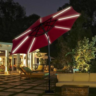 China With Angel Adjustable Tilt 9' Outdoor Patio Umbrella with LED Belt Light, Manual Push Button Aluminum Tilt and Crank Garden Parasol for sale