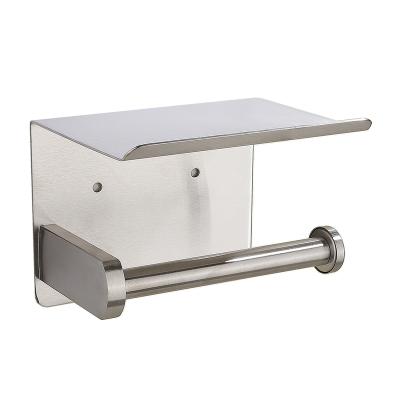 China Modern 304 Stainless No Sliver Wall Mounted Brushed Drilling Toilet Paper Holder With Cell Phone Shelf for sale