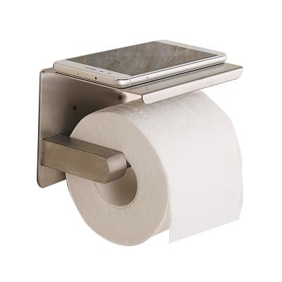 China Modern Silver Glue Punch Free Wall Mounted Self Adhesive Toilet Paper Roll Paper Holder With Shelf for sale