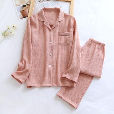 China 2021Couple'S Cotton Crepe Double Layer Gauze Pajamas Men And Women QUICK DRY Plus Size Sleepwear Long Sleeve Solid Two Piece Pajamas for sale