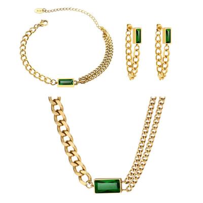 China High-grade retro temperament green small square jewelry set double asymmetrical chain bracelet necklace drop earrings for women for sale