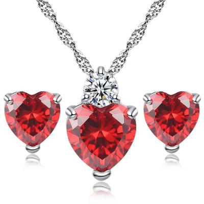 China Trendy Fashion High Quality Purple Gemstone Heart Zircon Necklace Earrings Jewelry Set Red White For Women Girls Wedding Party for sale