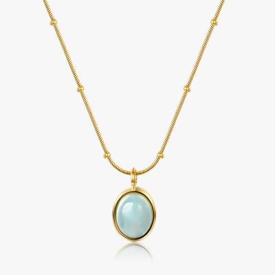 China Durable Elegant Gold Plated Oval Blue Stone Necklace Sky Blue Stone Pendant Necklaces For Women Girls for sale