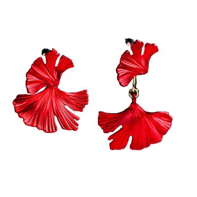 China FASHIONABLE Creative Asymmetrical Leaf Ginkgo Design Flower Red Blue Exaggerated Earrings For Women Girls for sale