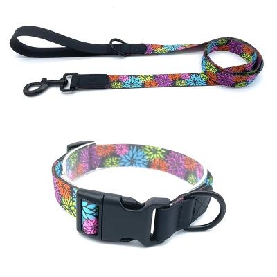 China Quick Release Custom Heat Transfer Printed Webbing Dog Leashes And Collar Sets Personalized Adjustable PVC Coated Webbing Soft Pet Leads for sale