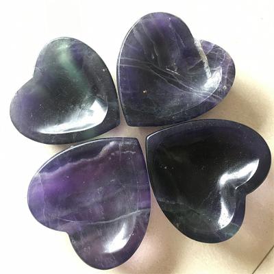 China Wholesale Natural Healing Crystals Ashtray Stones Rainbow Fluorite Heart Shaped Bowl for Home Decoration for sale