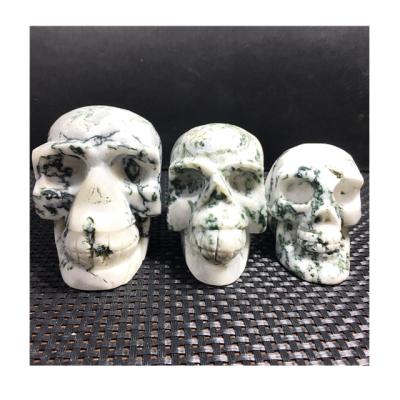 China Wholesale Natural Europe Crystals Healing Stones Hand-carved Moss Agate Skulls for feng shui decoration for sale