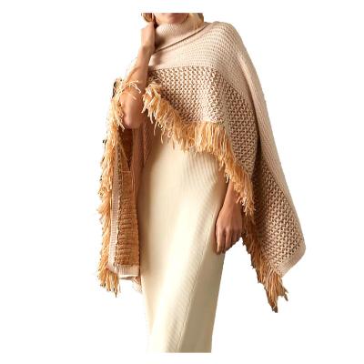 China Anti-wrinkle Top Quality New Design Fall Knitted Pullover Sweaters Poncho Tassel Turtleneck Cloak Cape Bohemian Plaid High Cold Cape Sweater for sale