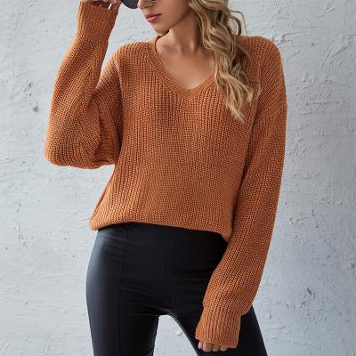 China Anti-wrinkle Oversize Loose Pullover Knitwear Woman Top Knit Deep V-Neck Women'S Knit Sweater for sale