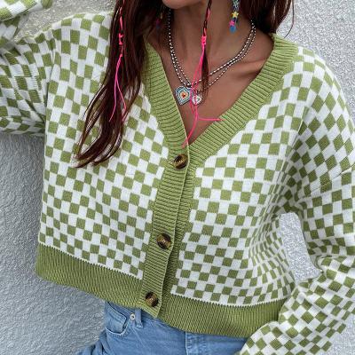 China Anti-wrinkle V neck cute design long sleeve geometric pattern fall cardigan women knitwear jumper for sale