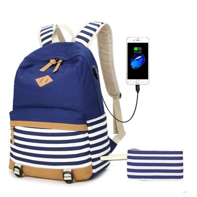 China New Arrival Anti Theft Striped 2 Piece Set Student Bag Travel Backpack With USB for sale