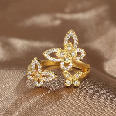 China Wholesale Fashion Women Jewelry 18k Gold Plated Romantic Butterfly Zircon Adjustable Open Ring For Women for sale