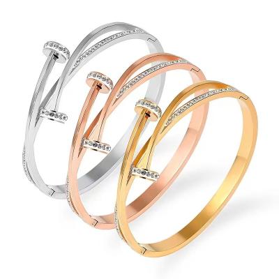 China Colorful Vintage Fashion Men's and Women's Stainless Steel Nail Jewelry Bangle Adjustable Nail Bracelet with Zircon Bangles Wholesale for sale