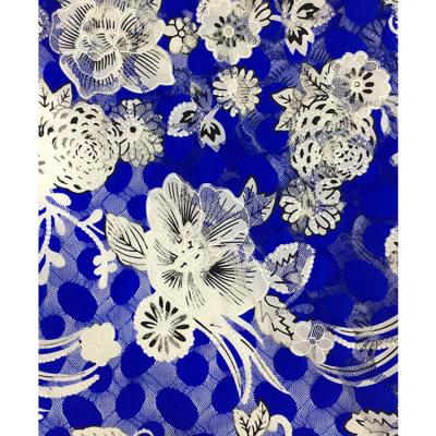 China 150 cm Wide Viable Blue and White Flowers and Polka Dots Printed Lace Fabric for Dress 2019 for sale