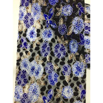 China Good Quality Viable Evening Blue Flower Dots Printing Stretch Lace Fabric For Dress for sale