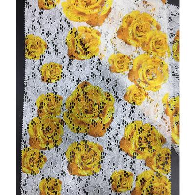 China Sustainable 100 Polyester Yellow Colorful Floral Printing Lace Up Fabrics For Ladies Dress Materials for sale