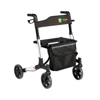 China Four Wheels Aluminum Folding Walker Rolling Mobility Walking Aid Rollator with Wheels Seat and Backrest for Elders and Adults for sale