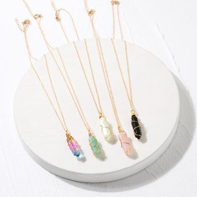 China Trendy Natural Dot Jewelry Healing Quartz Column Hexagon Wire Hand-wound Crystal Stone Pendant Necklace for sale