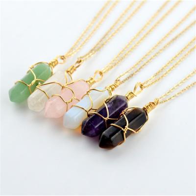 China FASHIONABLE Handmade Natural Stone Ball Wire Wrap Hexagonal Quartz Crystal Necklace for sale