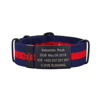 China Record ID Information For An Emergency Customized Nylon Fabric ID Wristband Sport Wristband With Engraved Plate for sale