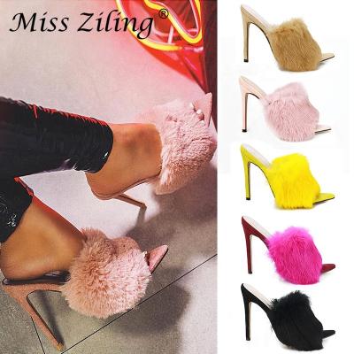 China Breathable Women Shoes New Arrivals 2020 Sexy Heels Headed Toe High Heels Furry Slippers Stilettos Ladies Summer Open Toe Sandals For Women for sale