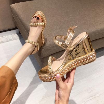 China Fashion Trend DEleventh Shoes Woman New Design Sexy Shoes Summer Rivet Peep-toe High Heels Fashion Wedge High Heels Shoes Black Gold In Stock for sale