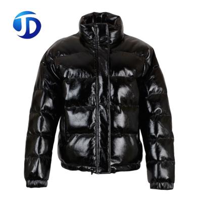 China QUICK DRY custom black shiny patent pu winter anorak outdoor leather padded breath plus size jacket for men for sale