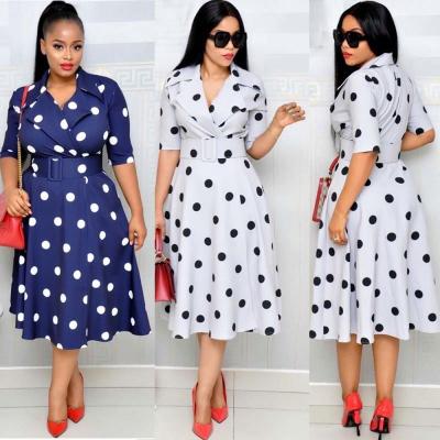 China Factory Sustainable Supply High Quality African Suit Plus-size Casual Dress With Belt Collar Dot Printed Patchwork Cotton Women Shortly for sale