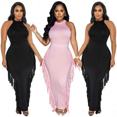 China New 2023 summer breathable round neck off the shoulder long solid color vest two-piece skirt for sale