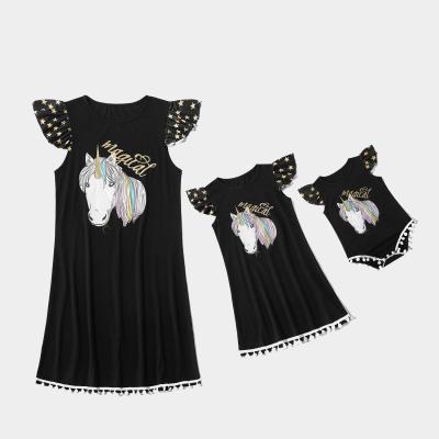 China Mommy and me QUICK DRY dress matching outfits Unicorn Printed Short Sleeve Dress for mother and daughter for sale