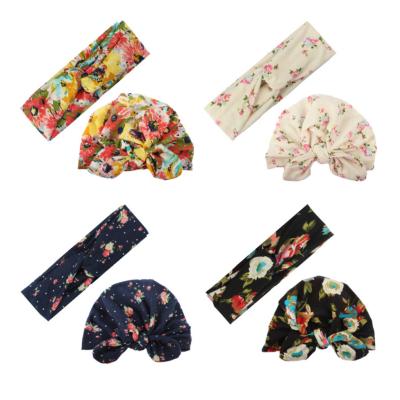 China Cute Child Beanie Hat Set Printed Infant Fashion Mom Hair Bands and Baby Flower Hats Headband Mummy for sale